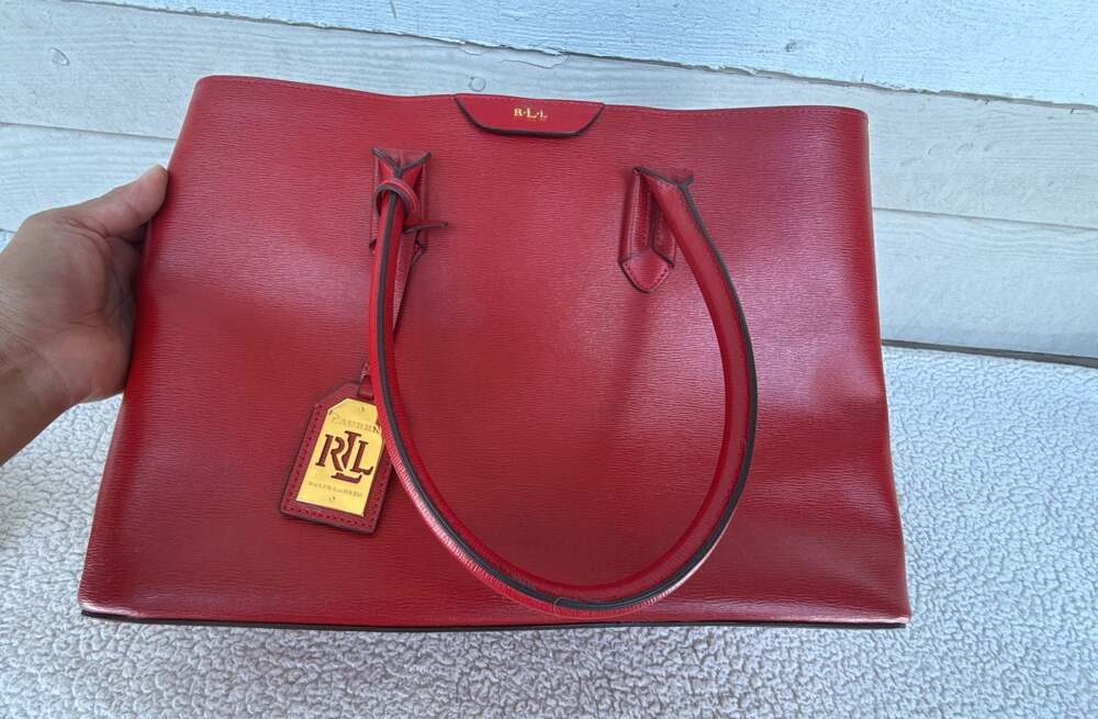 Ralph Lauren Red Textured Leather Double Handle Tote Bag